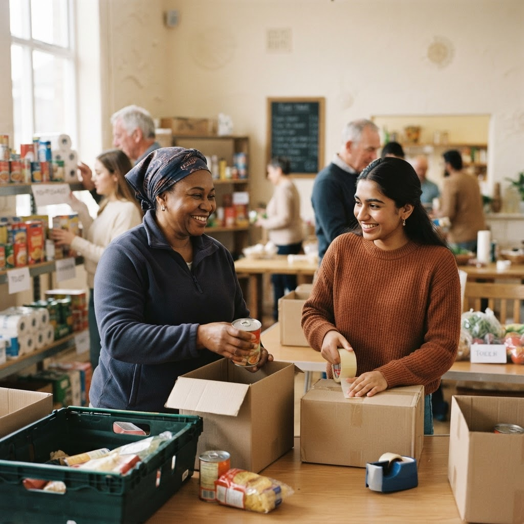 Volunteers preparing food parcels together at a community centre